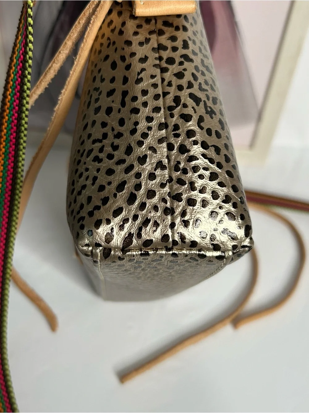 Consuela Metallic Gold Leopard-Print Crossbody with Tan Strap